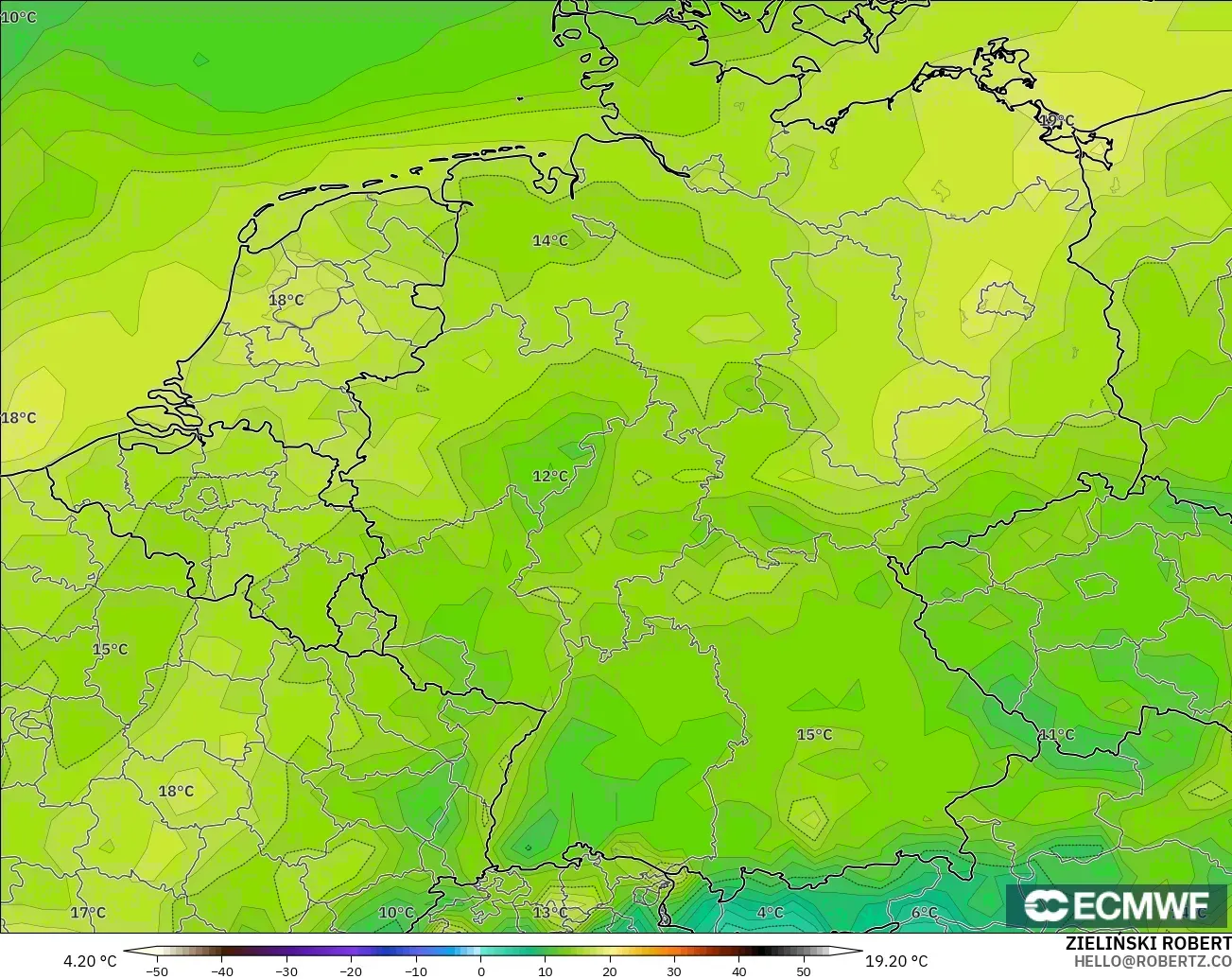 ECMWF IFS 0.25° model - Almanya, 2 m Çiy Noktası