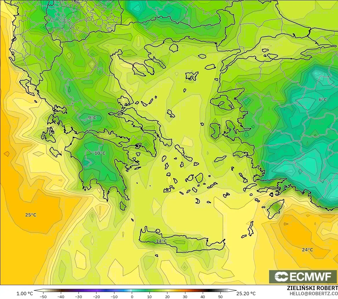 ECMWF IFS 0.25° model - Yunanistan, 2 m Çiy Noktası