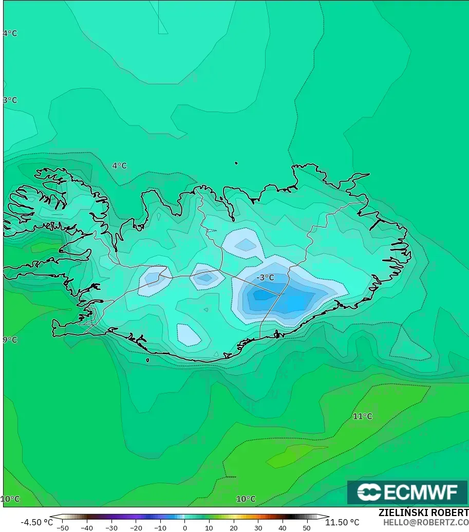ECMWF IFS 0.25° model - İzlanda, 2 m Çiy Noktası