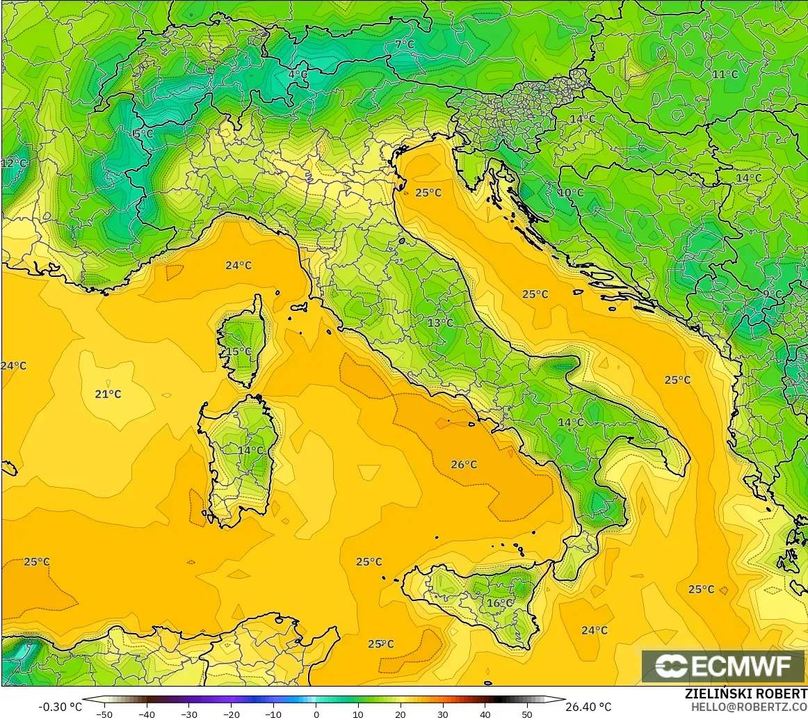 ECMWF IFS 0.25° model - İtalya, 2 m Çiy Noktası
