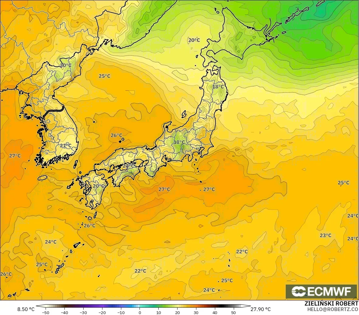 ECMWF IFS 0.25° model - Japonya, 2 m Çiy Noktası