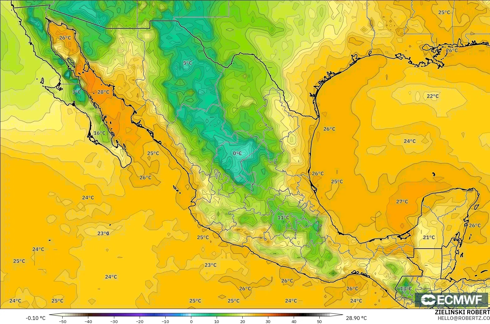 ECMWF IFS 0.25° model - Meksika, 2 m Çiy Noktası