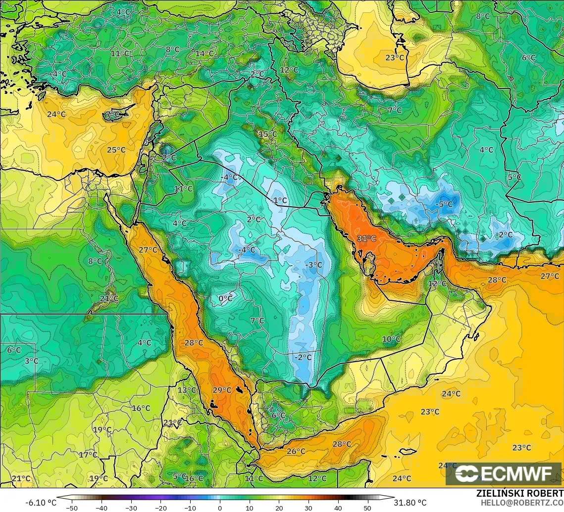 ECMWF IFS 0.25° model - Orta Doğu, 2 m Çiy Noktası