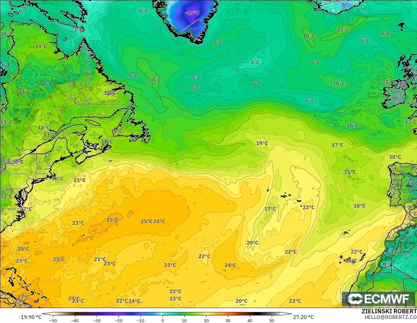 ECMWF IFS 0.25° model - Kuzey Atlantik, 2 m Çiy Noktası