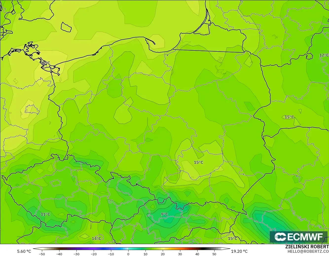 ECMWF IFS 0.25° model - Polonya, 2 m Çiy Noktası