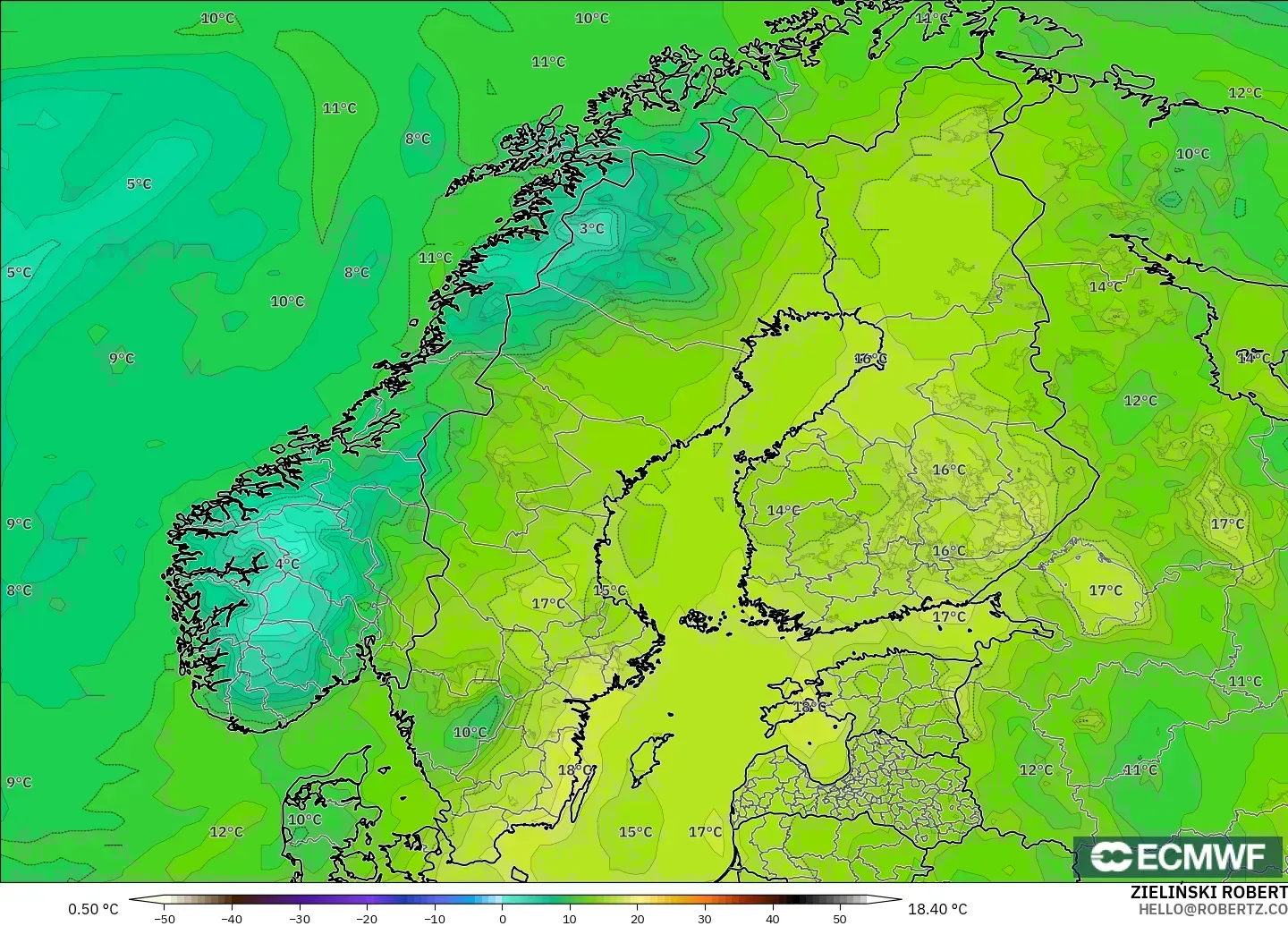 ECMWF IFS 0.25° model - İskandinavya, 2 m Çiy Noktası