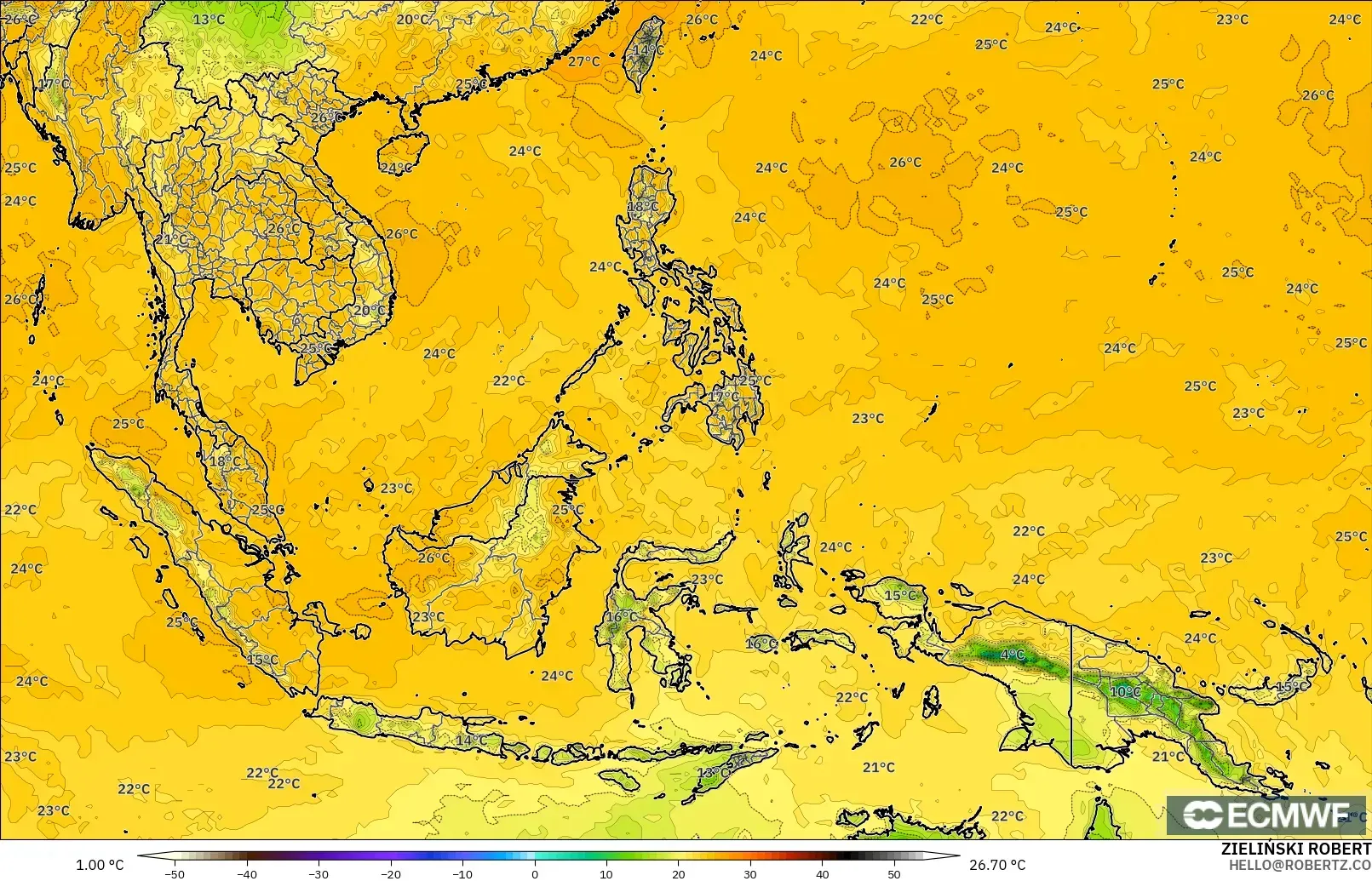 ECMWF IFS 0.25° model - Güneydoğu Asya, 2 m Çiy Noktası