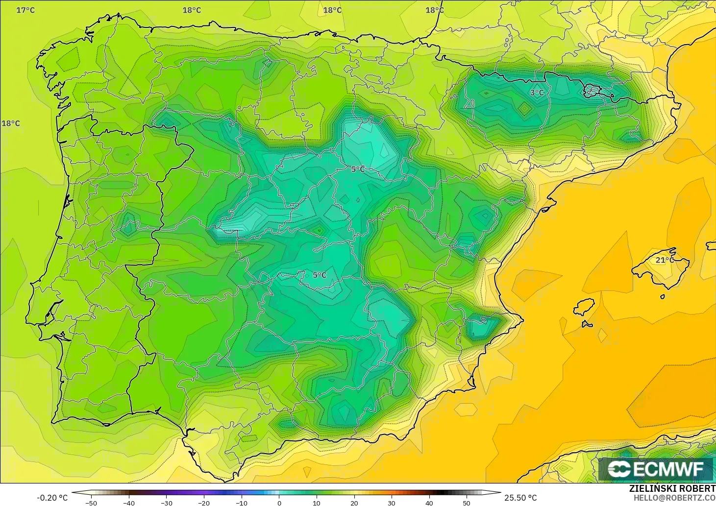 ECMWF IFS 0.25° model - İspanya, 2 m Çiy Noktası