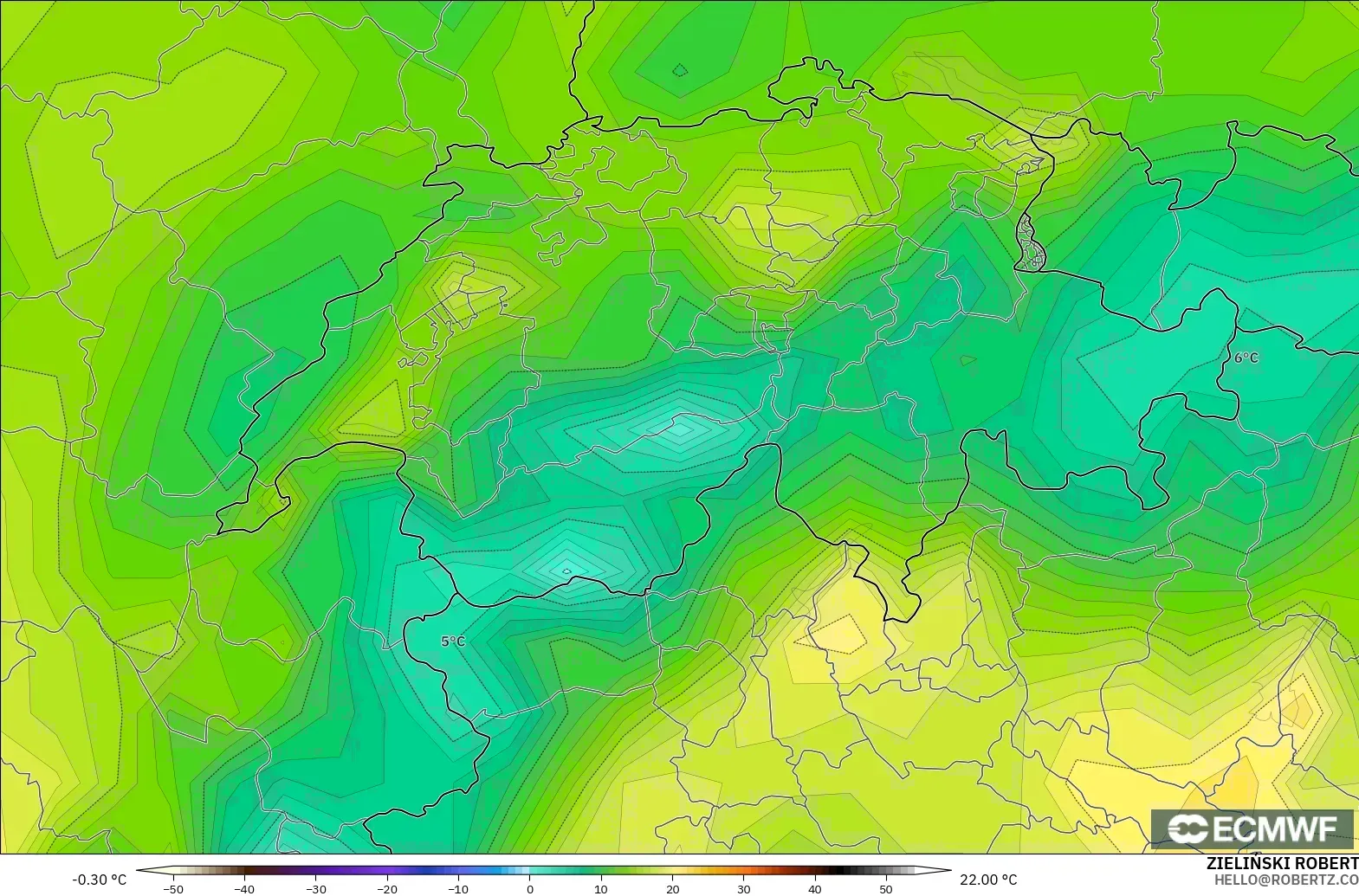 ECMWF IFS 0.25° model - İsviçre, 2 m Çiy Noktası