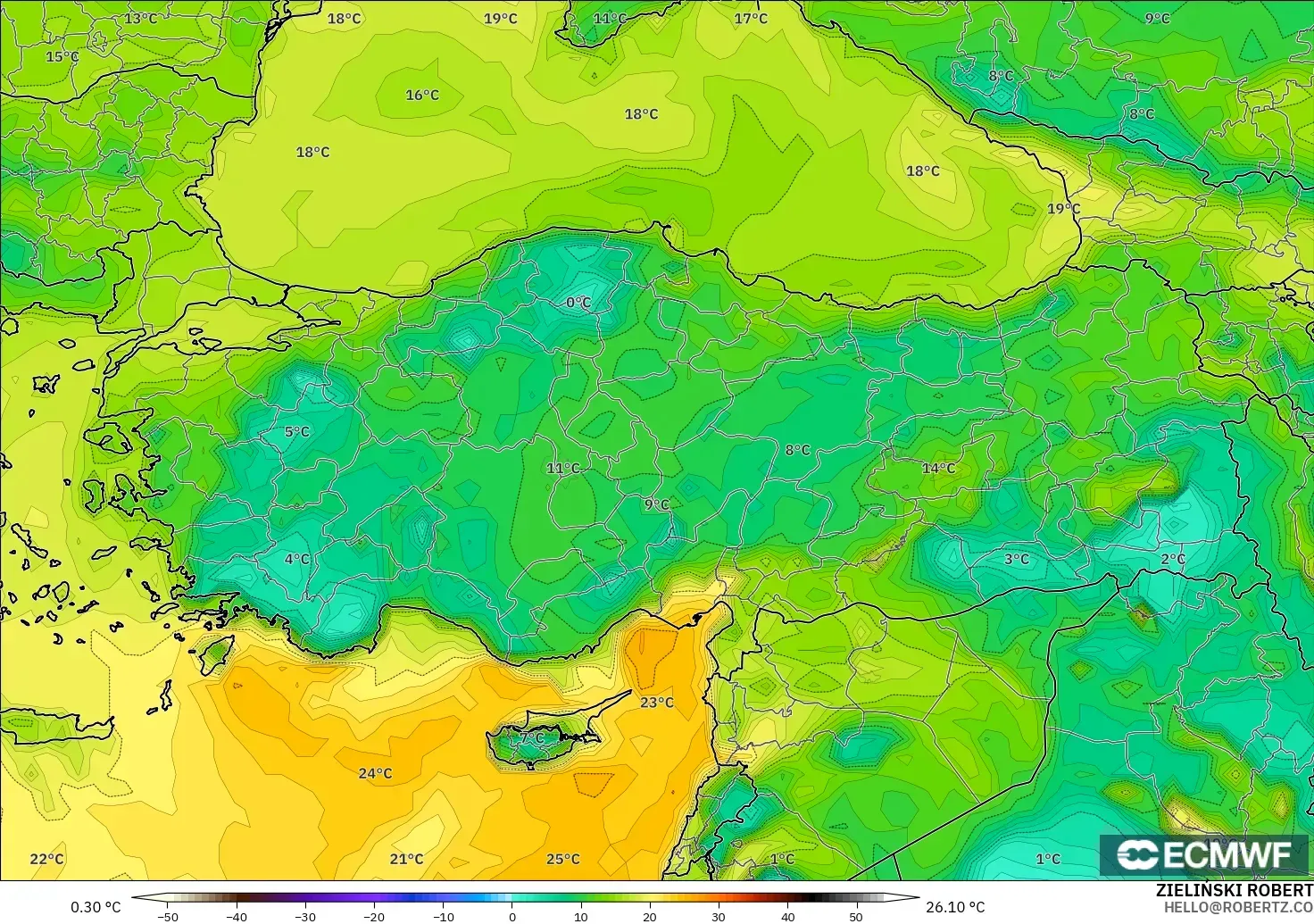 ECMWF IFS 0.25° model - Türkiye, 2 m Çiy Noktası
