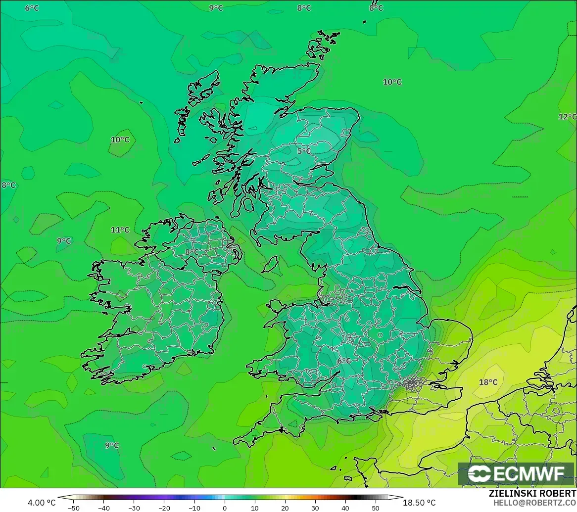 ECMWF IFS 0.25° model - Birleşik Krallık, 2 m Çiy Noktası