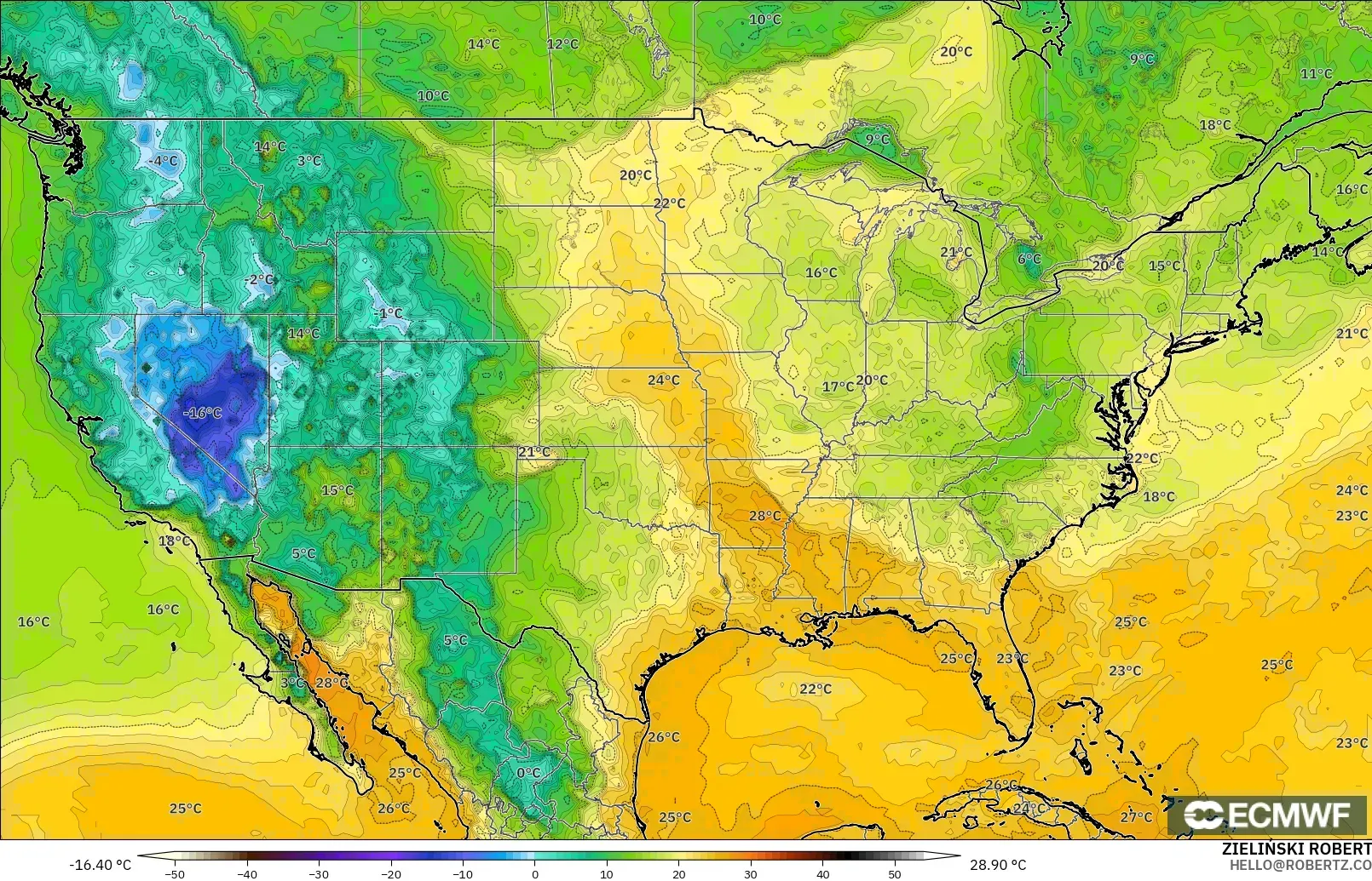 ECMWF IFS 0.25° model - Amerika Birleşik Devletleri, 2 m Çiy Noktası