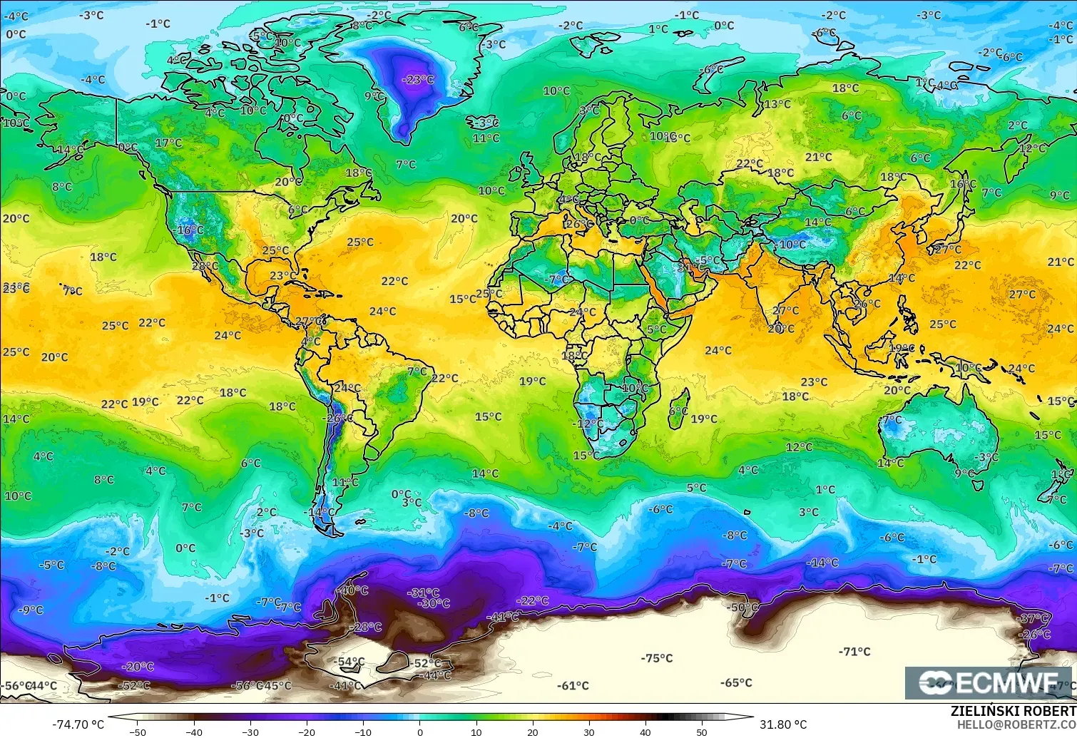 ECMWF IFS 0.25° model - Dünya, 2 m Çiy Noktası