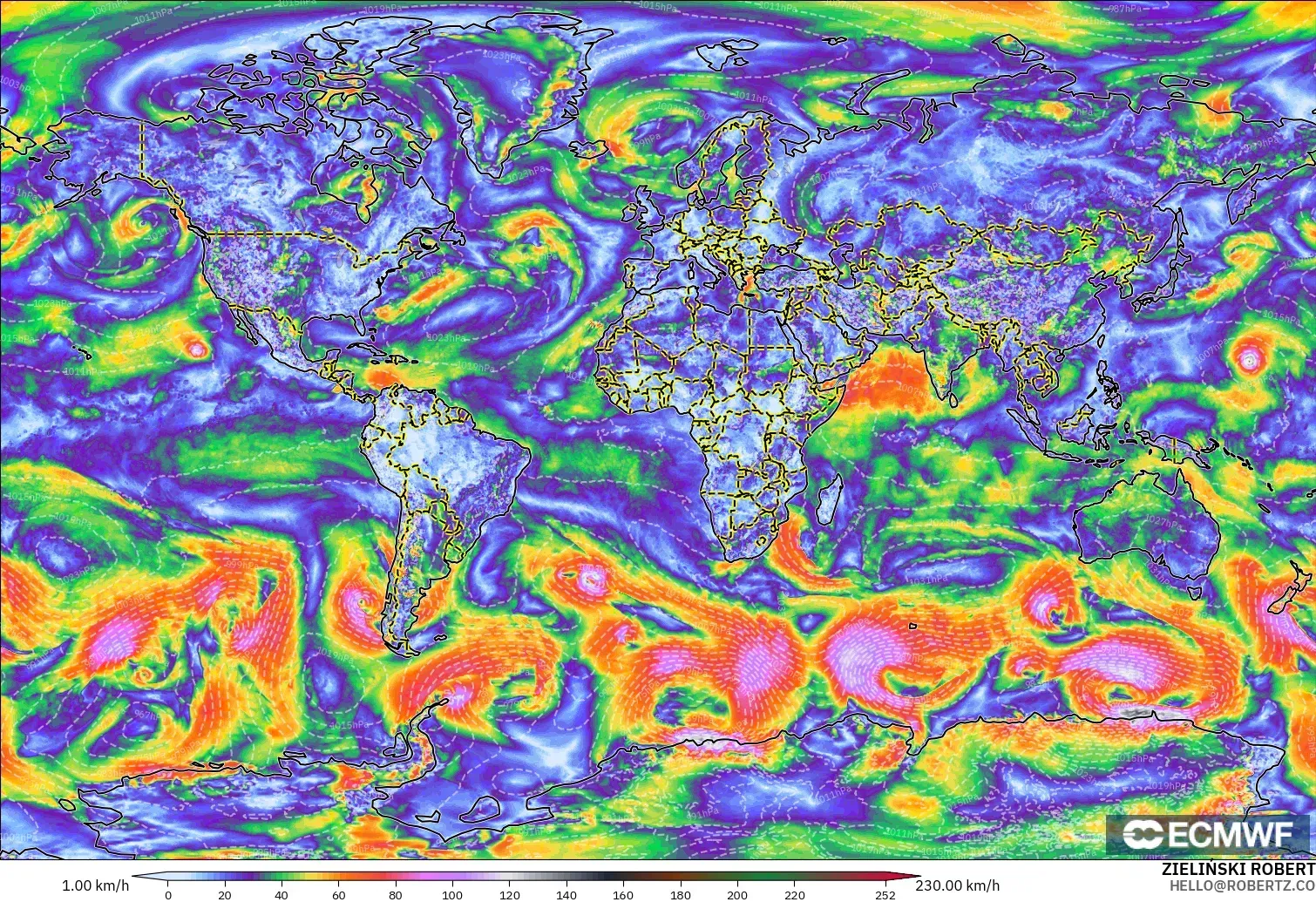 ECMWF IFS 0.25° model - Dünya, En Yüksek Rüzgâr