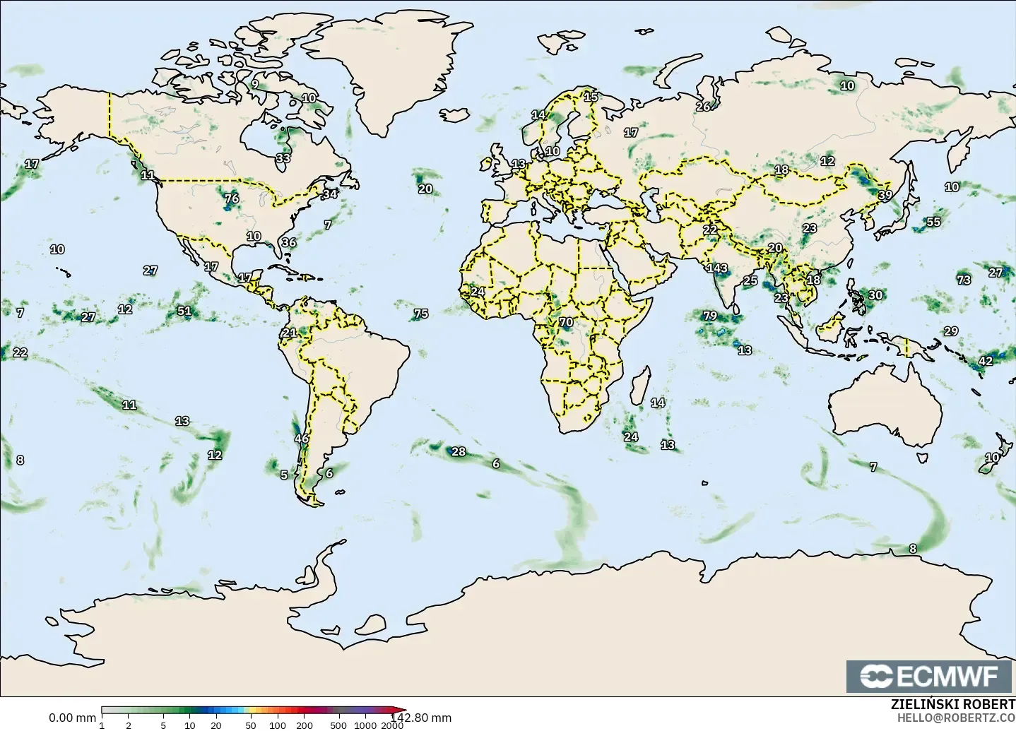 ECMWF IFS 0.25° model - Dünya, Yağış Birikimi