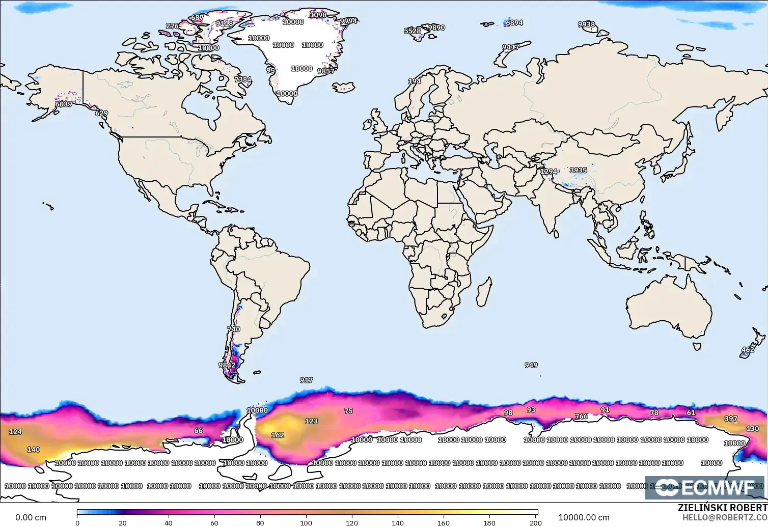 ECMWF IFS 0.25° model - Dünya, Kar Kalınlığı