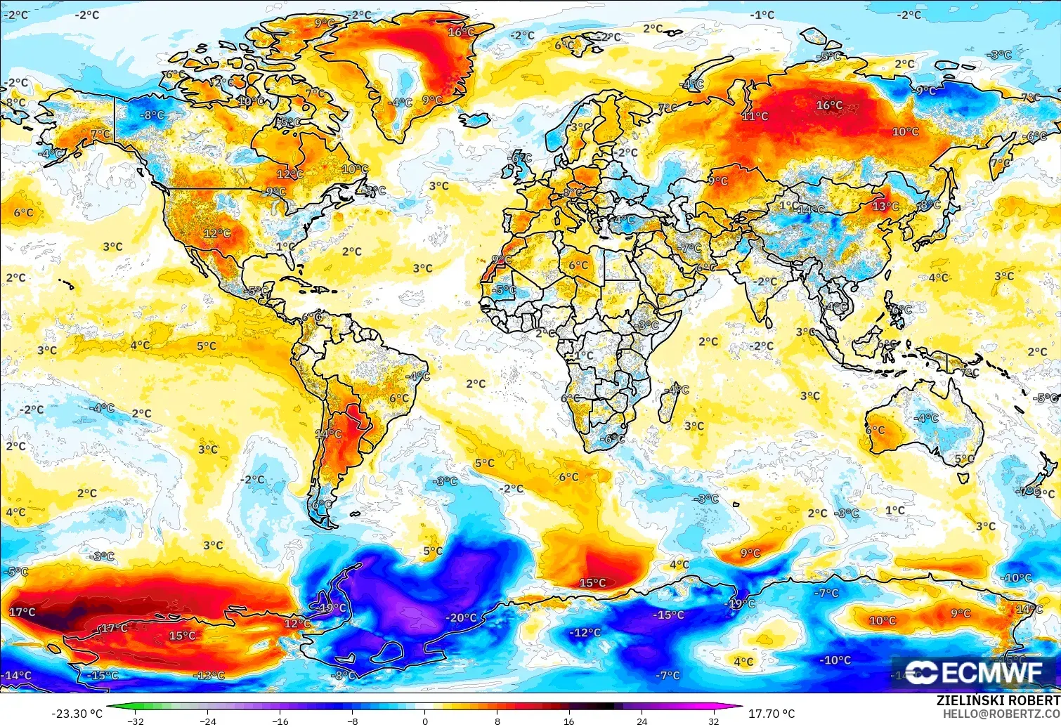 ECMWF IFS 0.25° model - Dünya, 2 m Sıcaklık Anomalisi