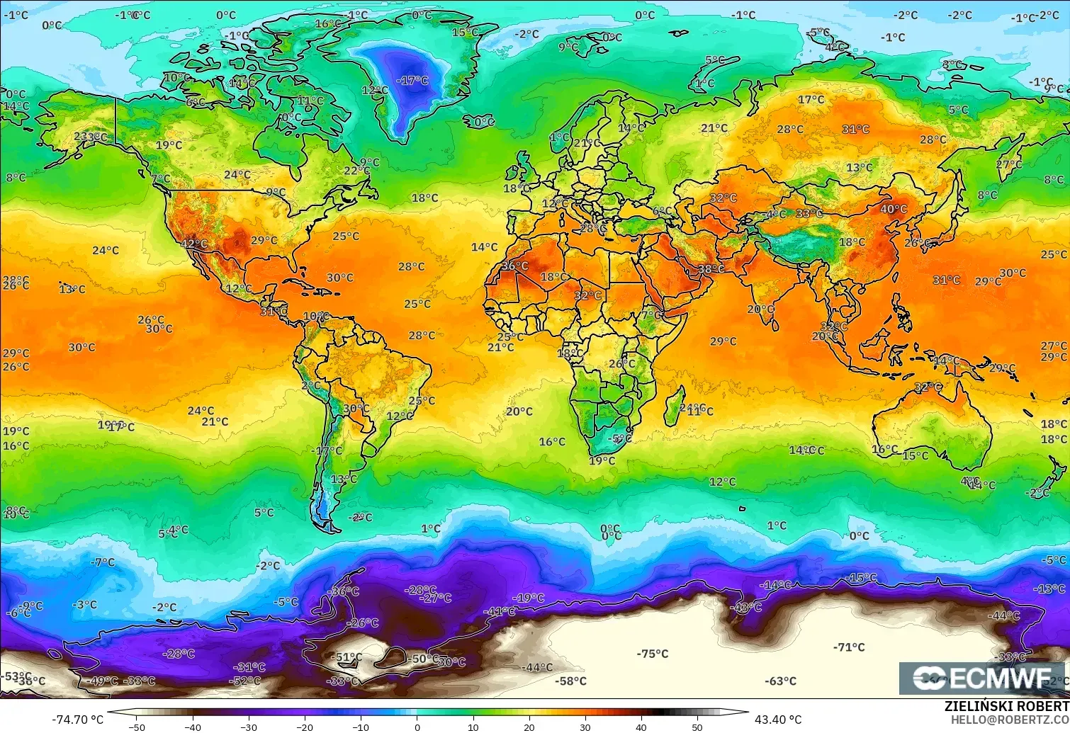 ECMWF IFS 0.25° model - Dünya, 2 m Sıcaklık