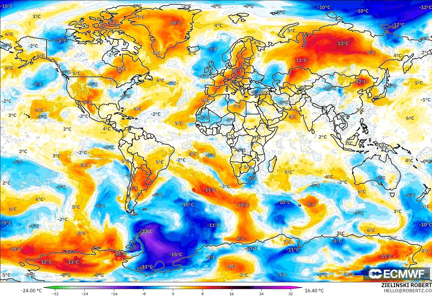 ECMWF IFS 0.25° model - Dünya, 850 hPa Sıcaklık Anomalisi