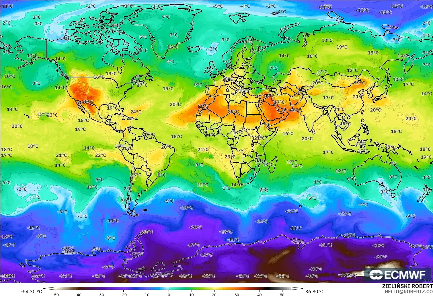 ECMWF IFS 0.25° model - Dünya, 850 hPa Sıcaklık