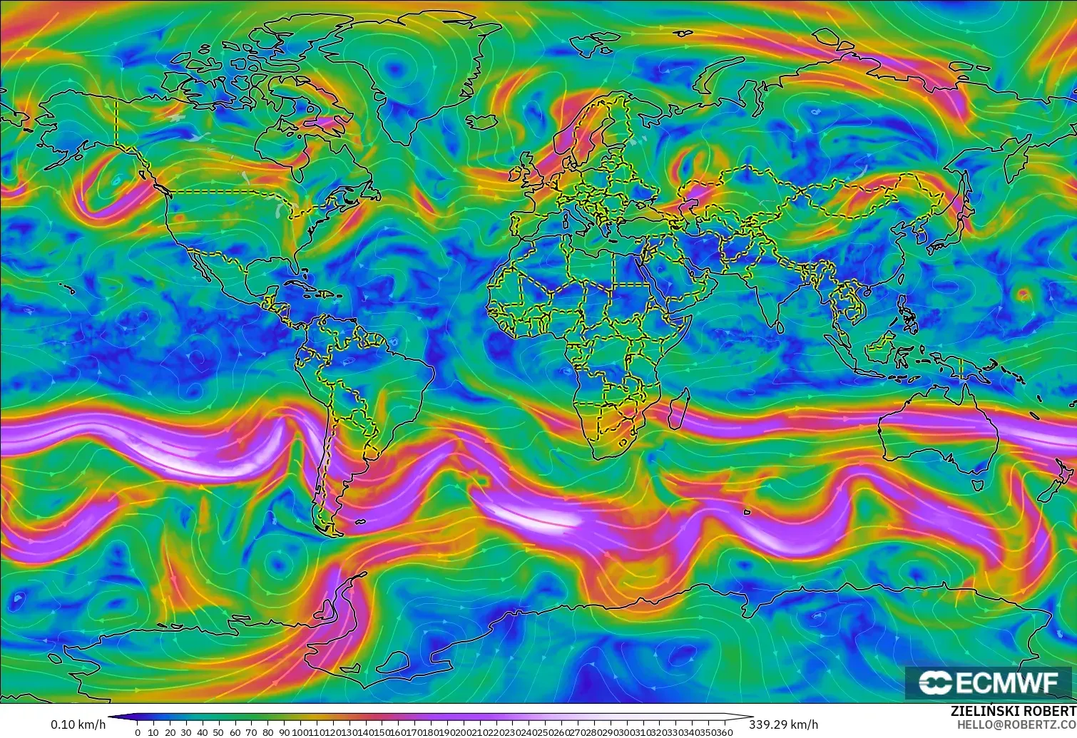 ECMWF IFS 0.25° model - Dünya, 300 hPa Rüzgârı (jet)