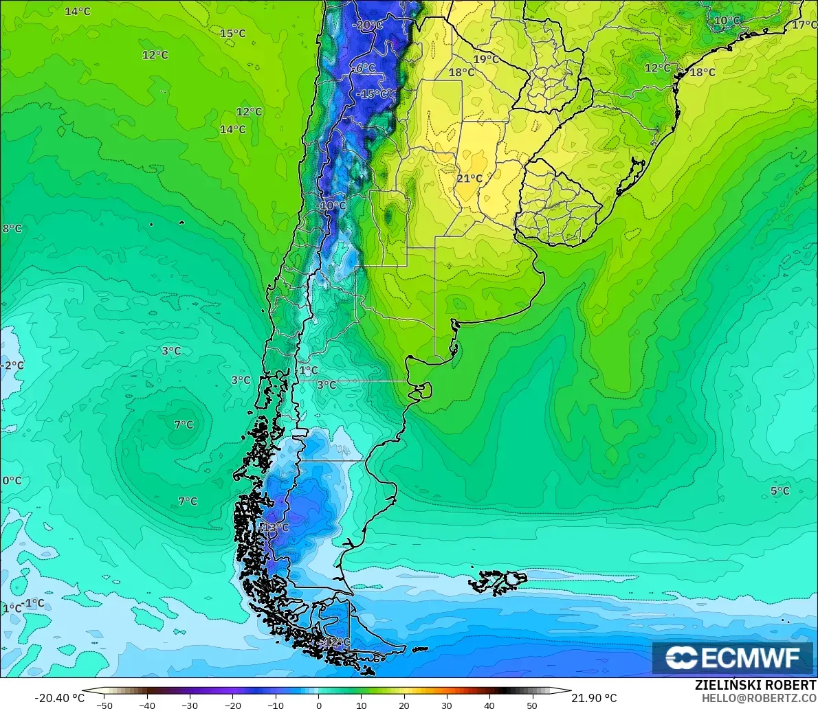 ECMWF IFS 0.25° model - Arjantin, 2 m Çiy Noktası