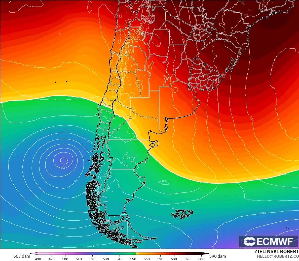 ECMWF IFS 0.25° model - Arjantin, 500 hPa’da jeopotansiyel yükseklik