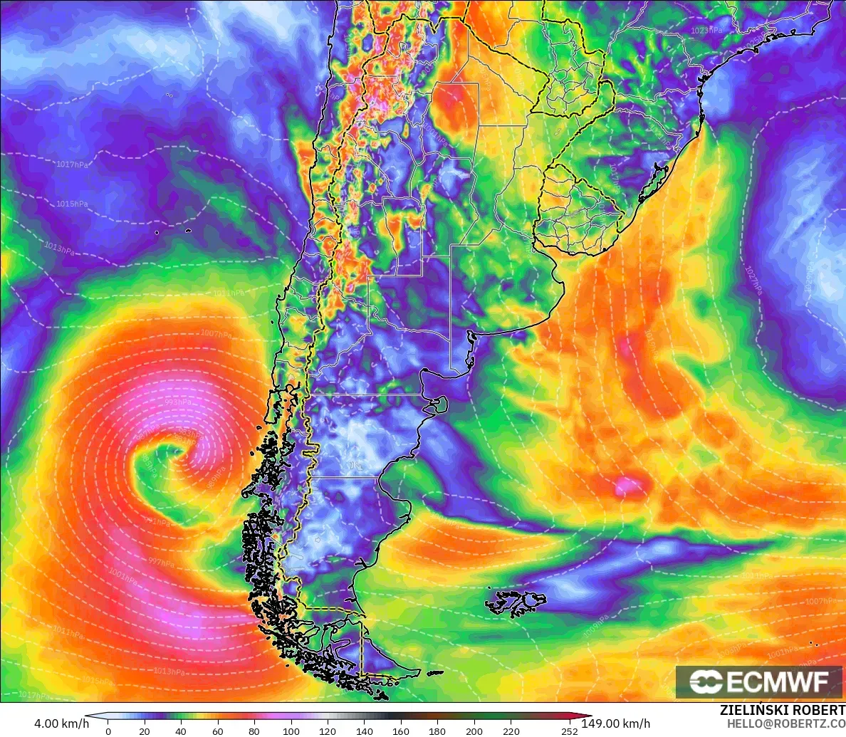 ECMWF IFS 0.25° model - Arjantin, En Yüksek Rüzgâr