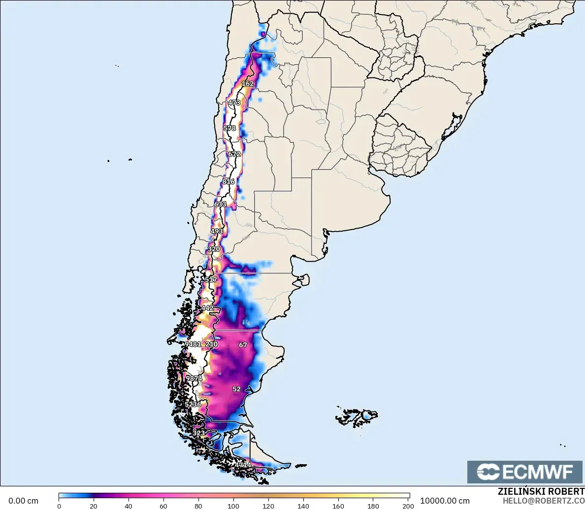 ECMWF IFS 0.25° model - Arjantin, Kar Kalınlığı