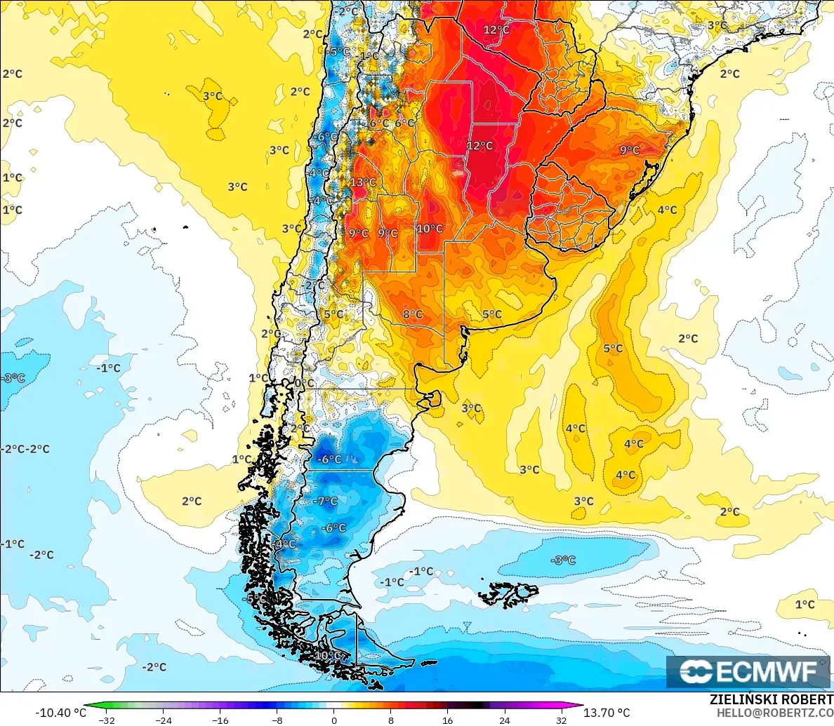 ECMWF IFS 0.25° model - Arjantin, 2 m Sıcaklık Anomalisi