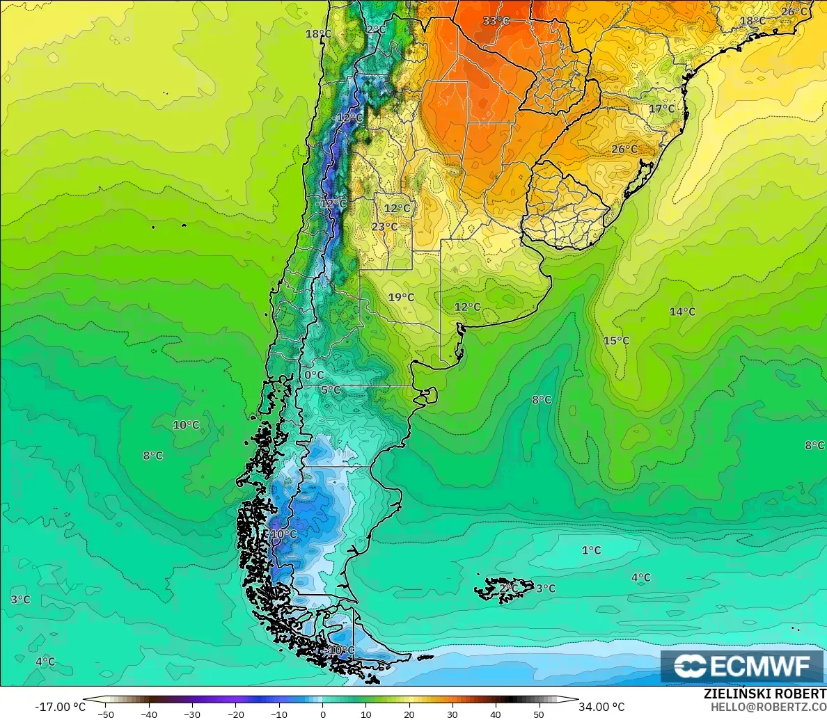 ECMWF IFS 0.25° model - Arjantin, 2 m Sıcaklık