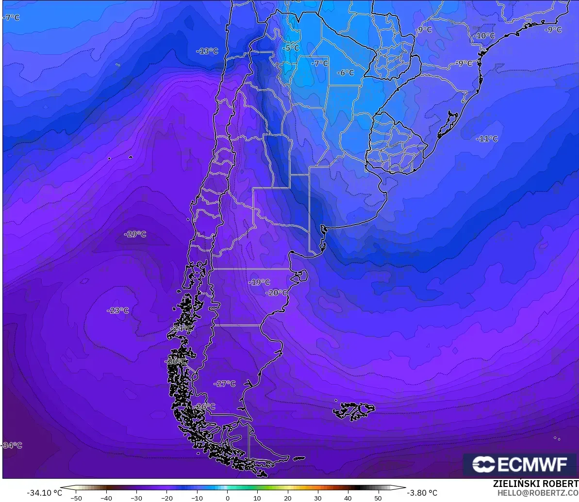 ECMWF IFS 0.25° model - Arjantin, 500 hPa Sıcaklık