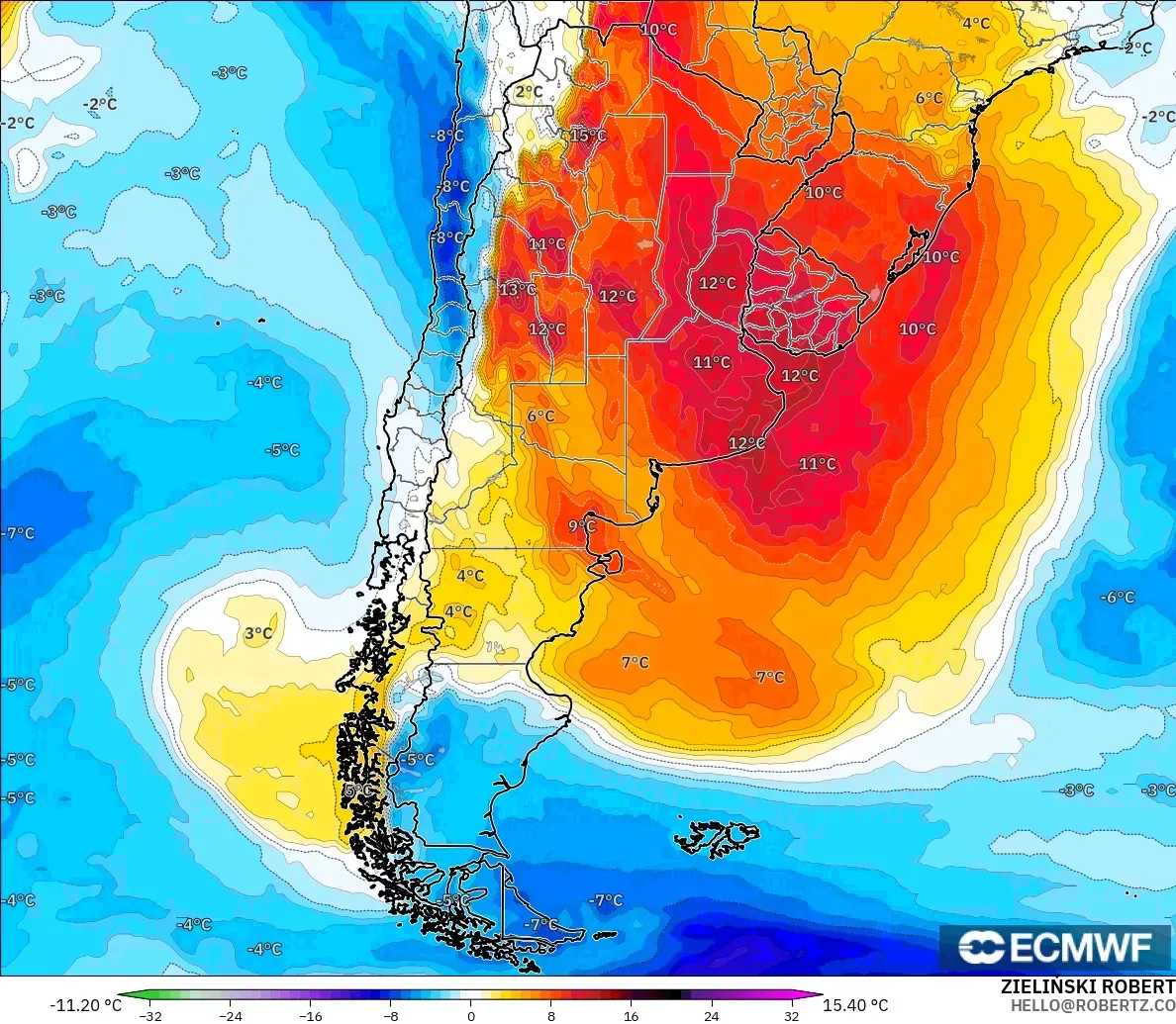 ECMWF IFS 0.25° model - Arjantin, 850 hPa Sıcaklık Anomalisi
