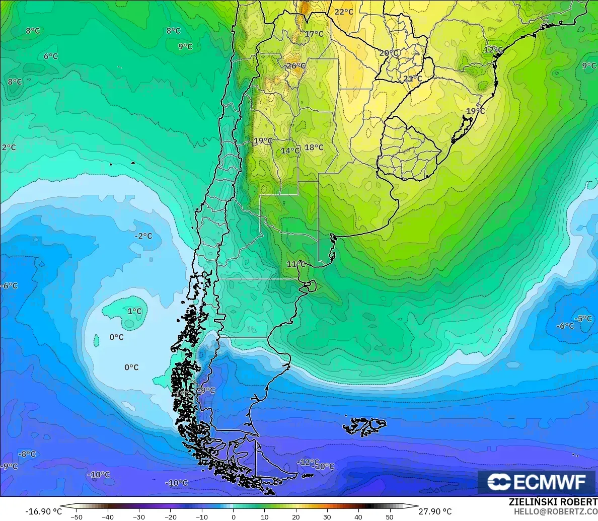 ECMWF IFS 0.25° model - Arjantin, 850 hPa Sıcaklık