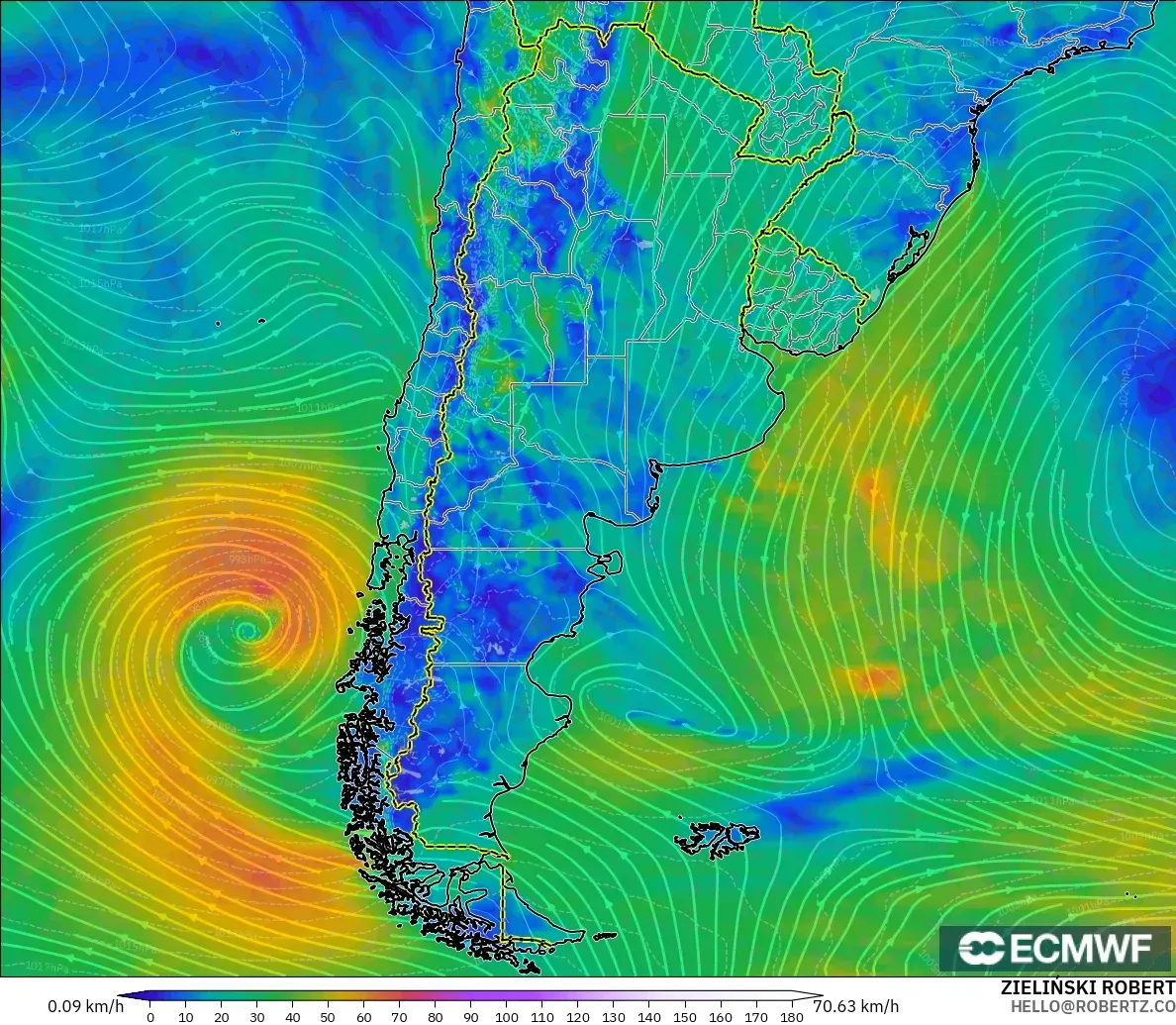 ECMWF IFS 0.25° model - Arjantin, 10 m Rüzgâr