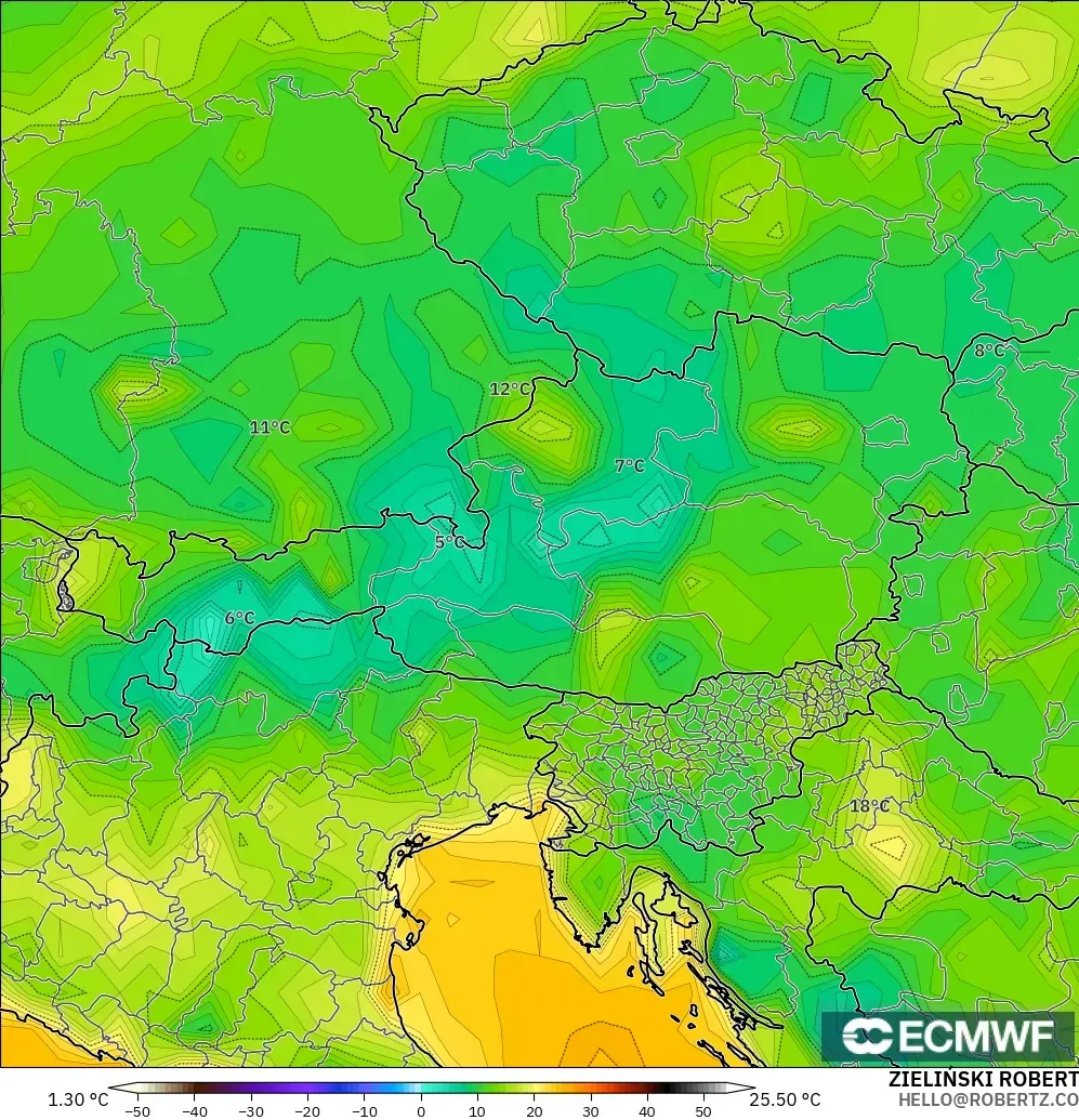 ECMWF IFS 0.25° model - Avusturya, 2 m Çiy Noktası