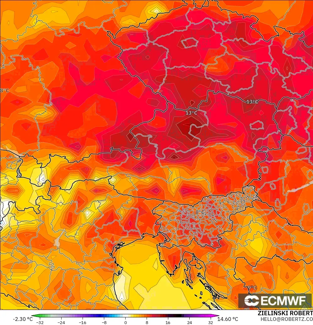 ECMWF IFS 0.25° model - Avusturya, 2 m Sıcaklık Anomalisi