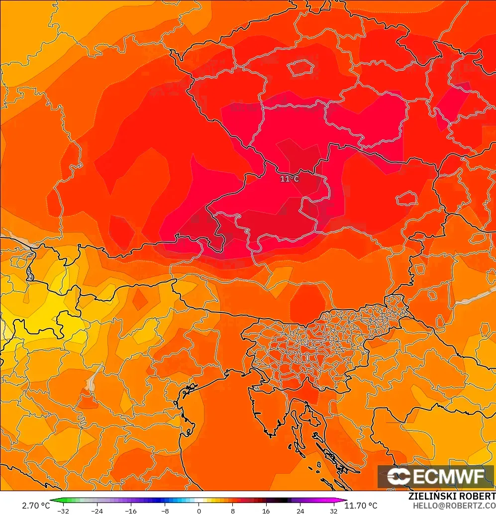ECMWF IFS 0.25° model - Avusturya, 850 hPa Sıcaklık Anomalisi