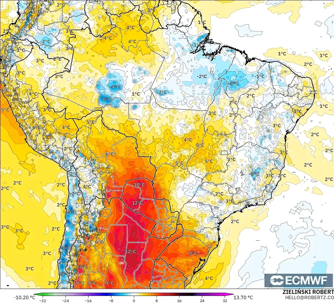ECMWF IFS 0.25° model - Brezilya, 2 m Sıcaklık Anomalisi