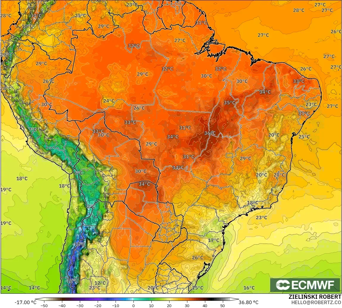 ECMWF IFS 0.25° model - Brezilya, 2 m Sıcaklık