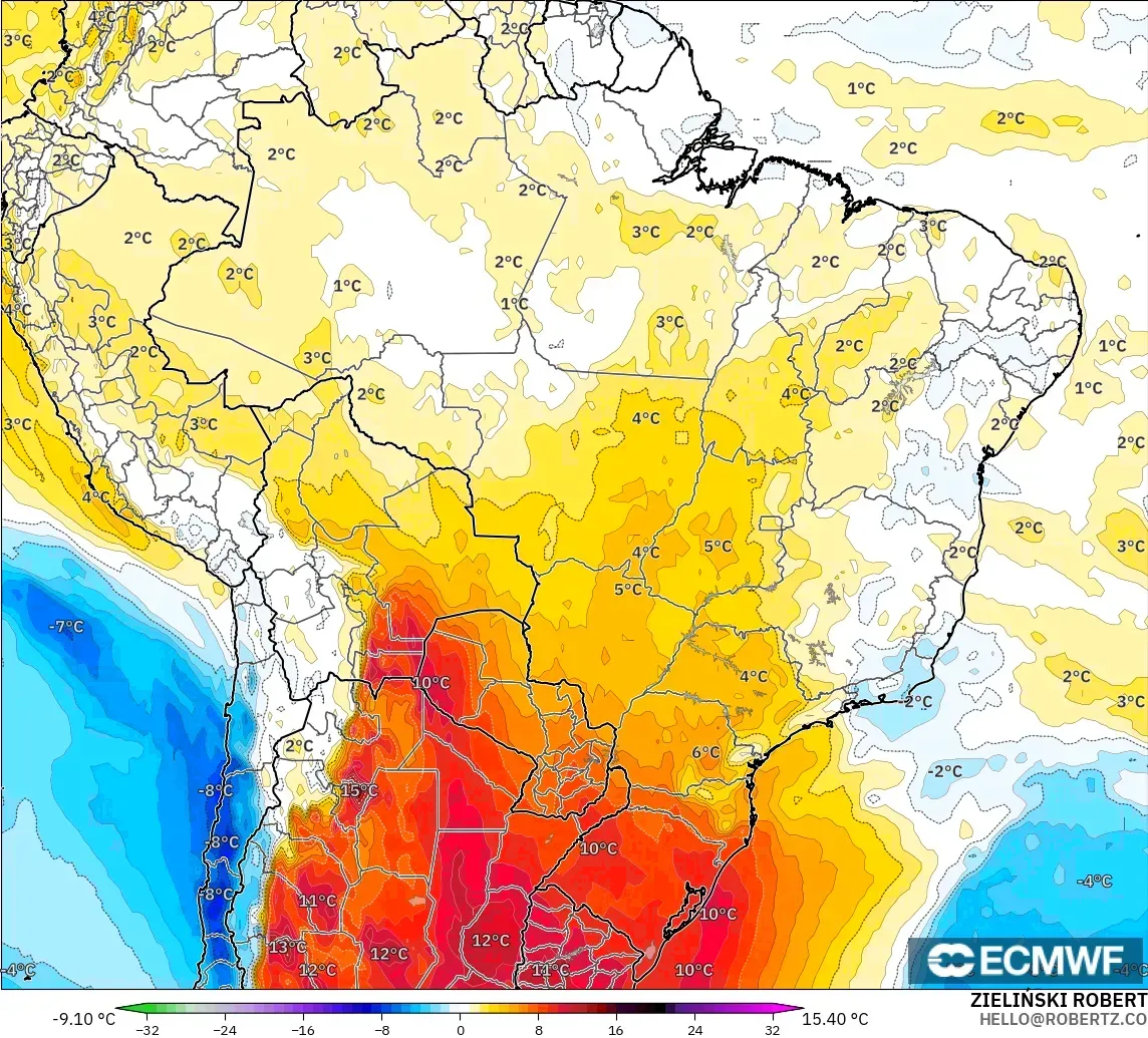 ECMWF IFS 0.25° model - Brezilya, 850 hPa Sıcaklık Anomalisi
