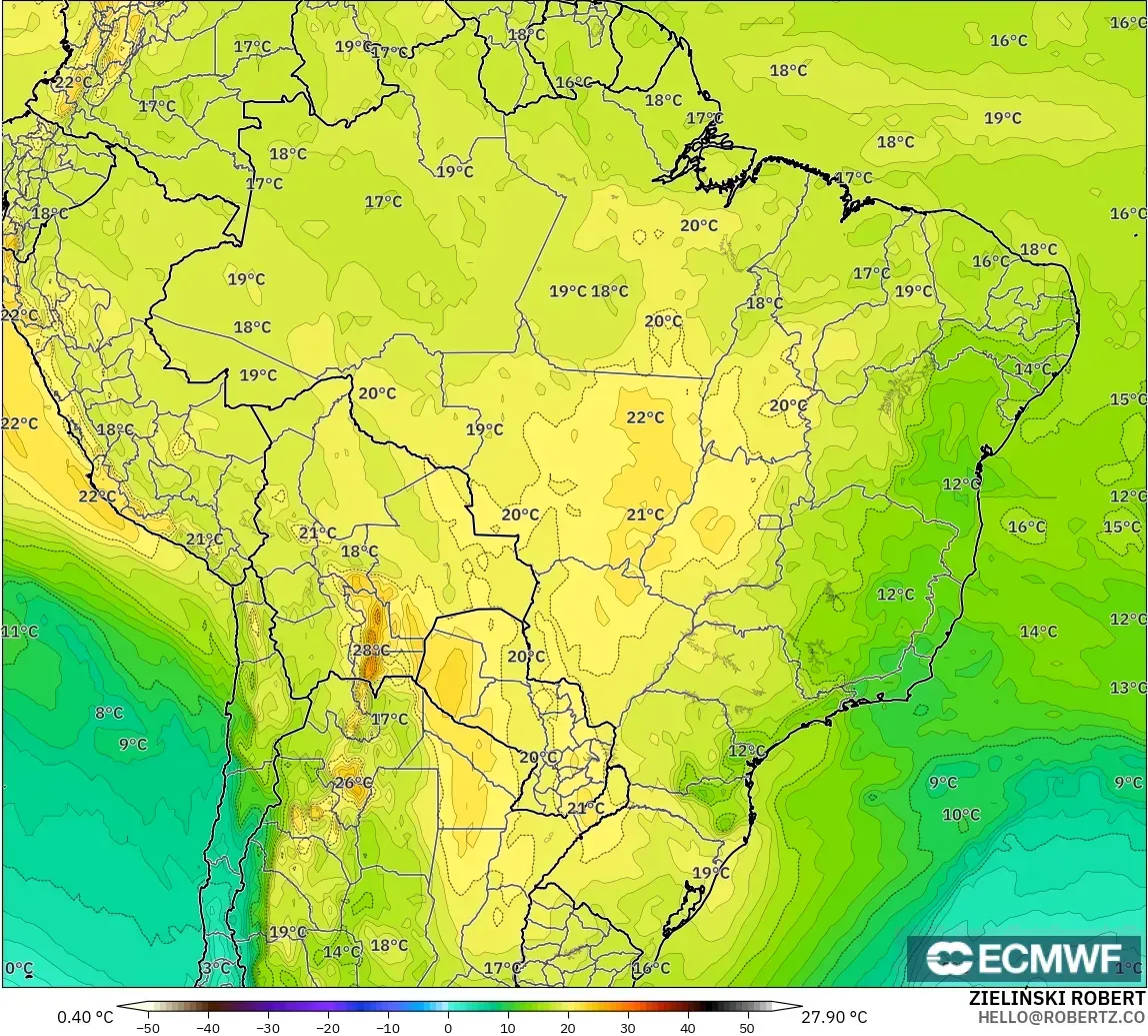 ECMWF IFS 0.25° model - Brezilya, 850 hPa Sıcaklık