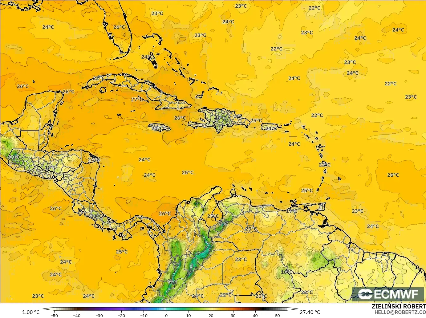 ECMWF IFS 0.25° model - Karayipler, 2 m Çiy Noktası