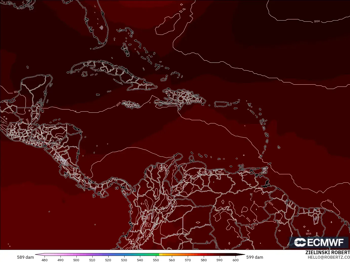 ECMWF IFS 0.25° model - Karayipler, 500 hPa’da jeopotansiyel yükseklik