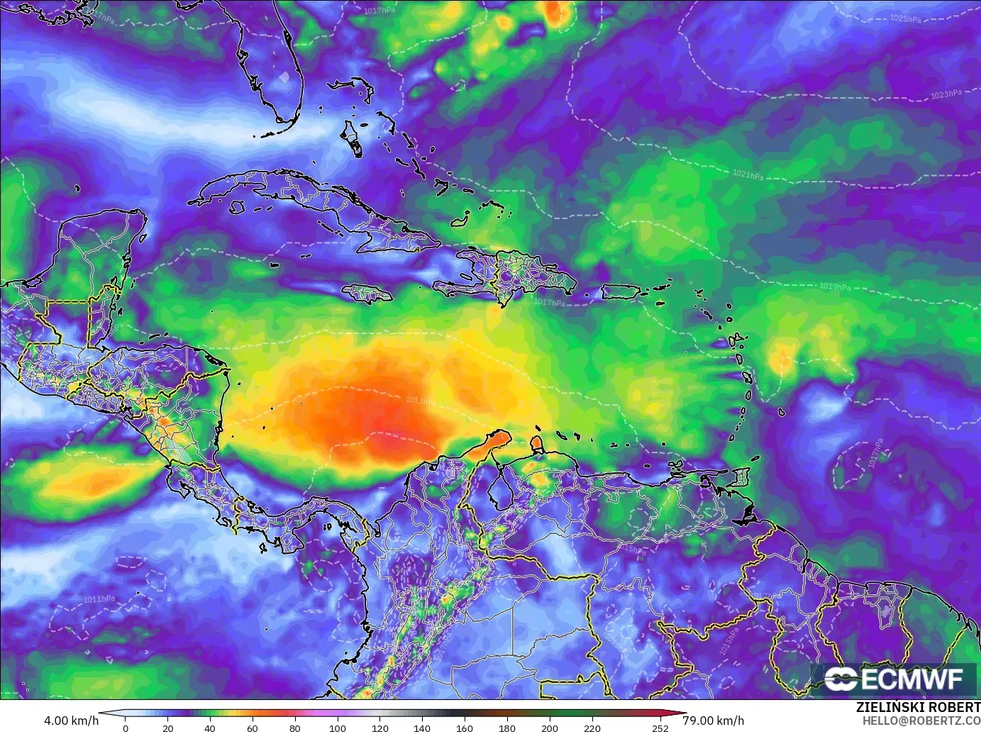 ECMWF IFS 0.25° model - Karayipler, En Yüksek Rüzgâr