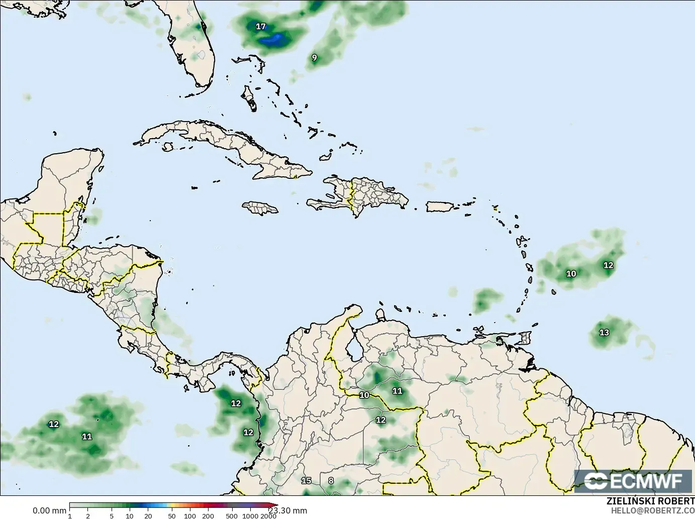 ECMWF IFS 0.25° model - Karayipler, Yağış Birikimi