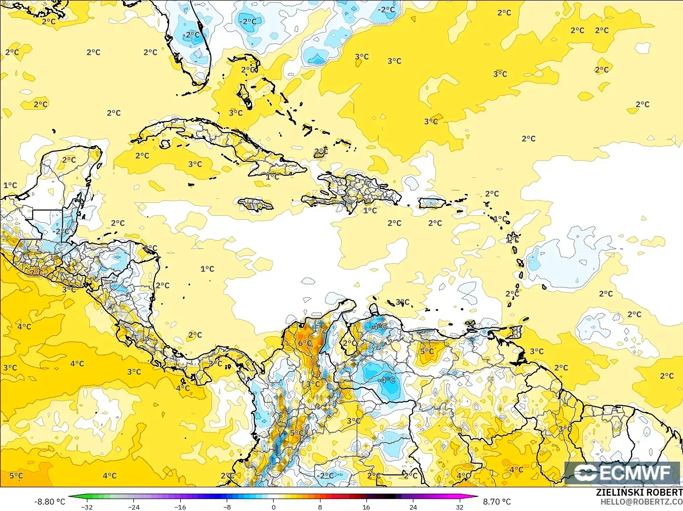 ECMWF IFS 0.25° model - Karayipler, 2 m Sıcaklık Anomalisi