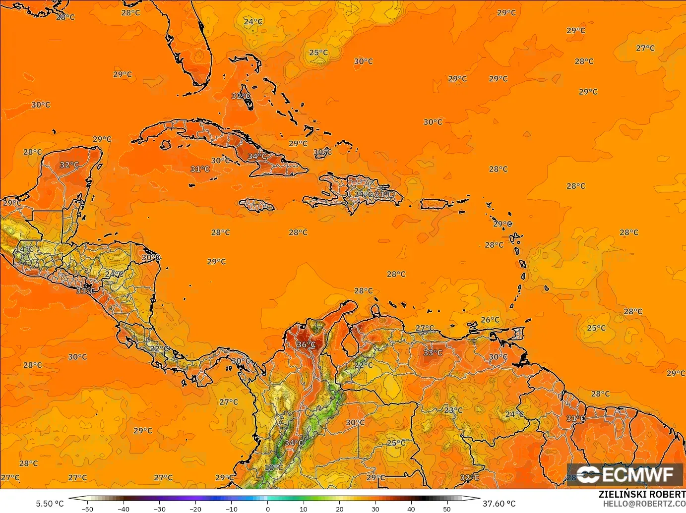 ECMWF IFS 0.25° model - Karayipler, 2 m Sıcaklık