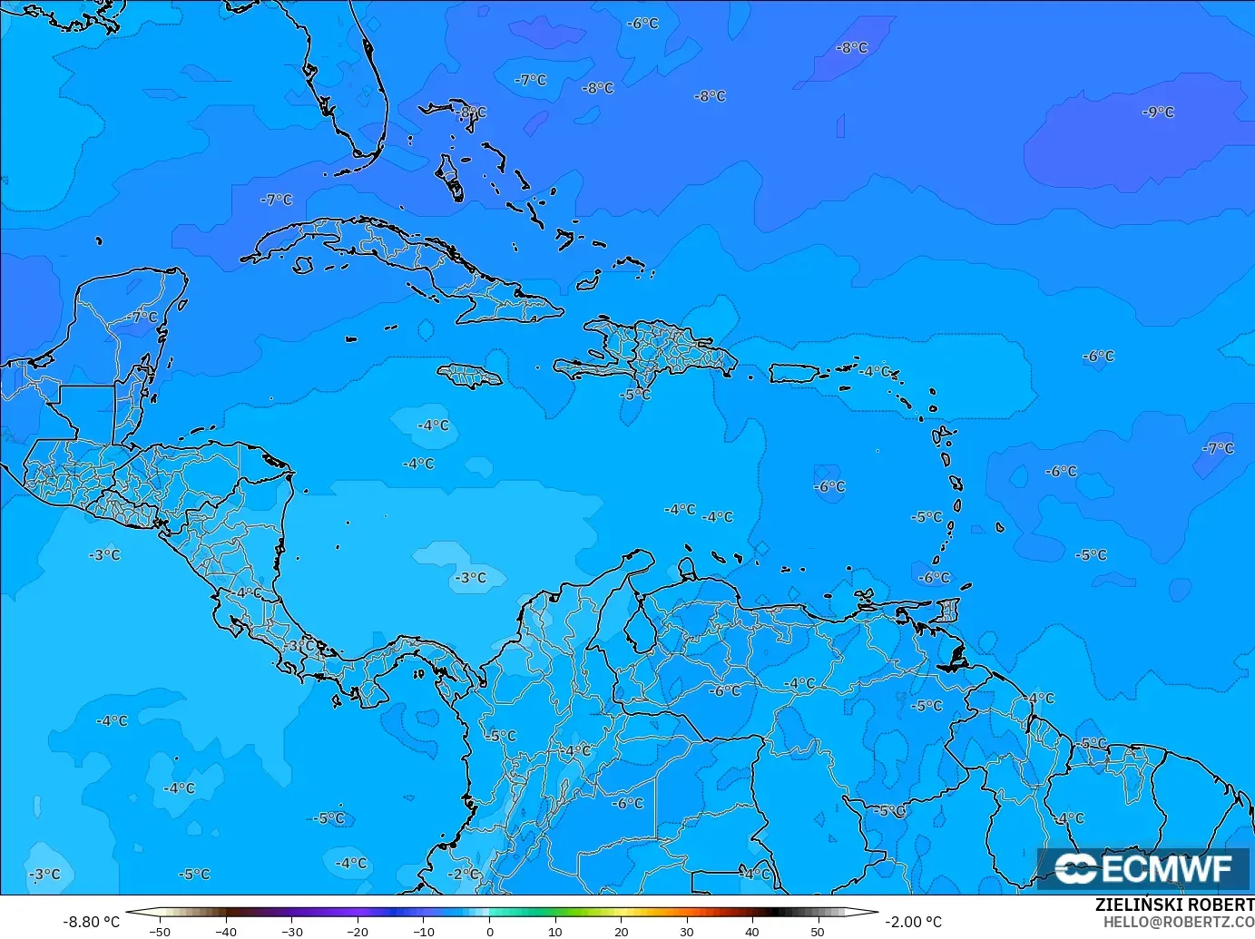 ECMWF IFS 0.25° model - Karayipler, 500 hPa Sıcaklık