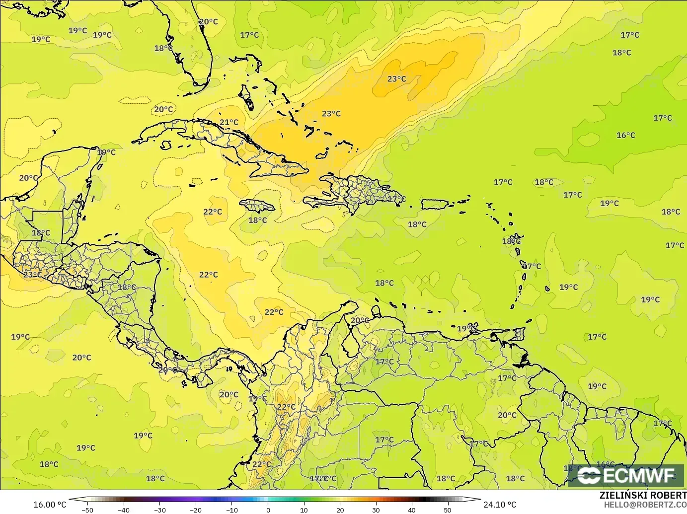 ECMWF IFS 0.25° model - Karayipler, 850 hPa Sıcaklık
